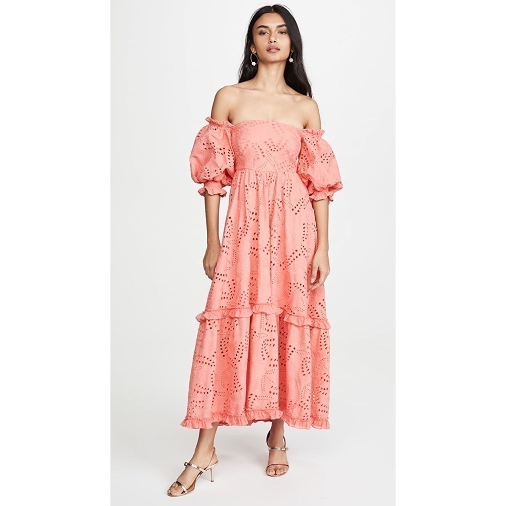 Waimari Belmond Coral Pink Puff Sleeve Eyelet Lace‎ Peasant Maxi Dress M